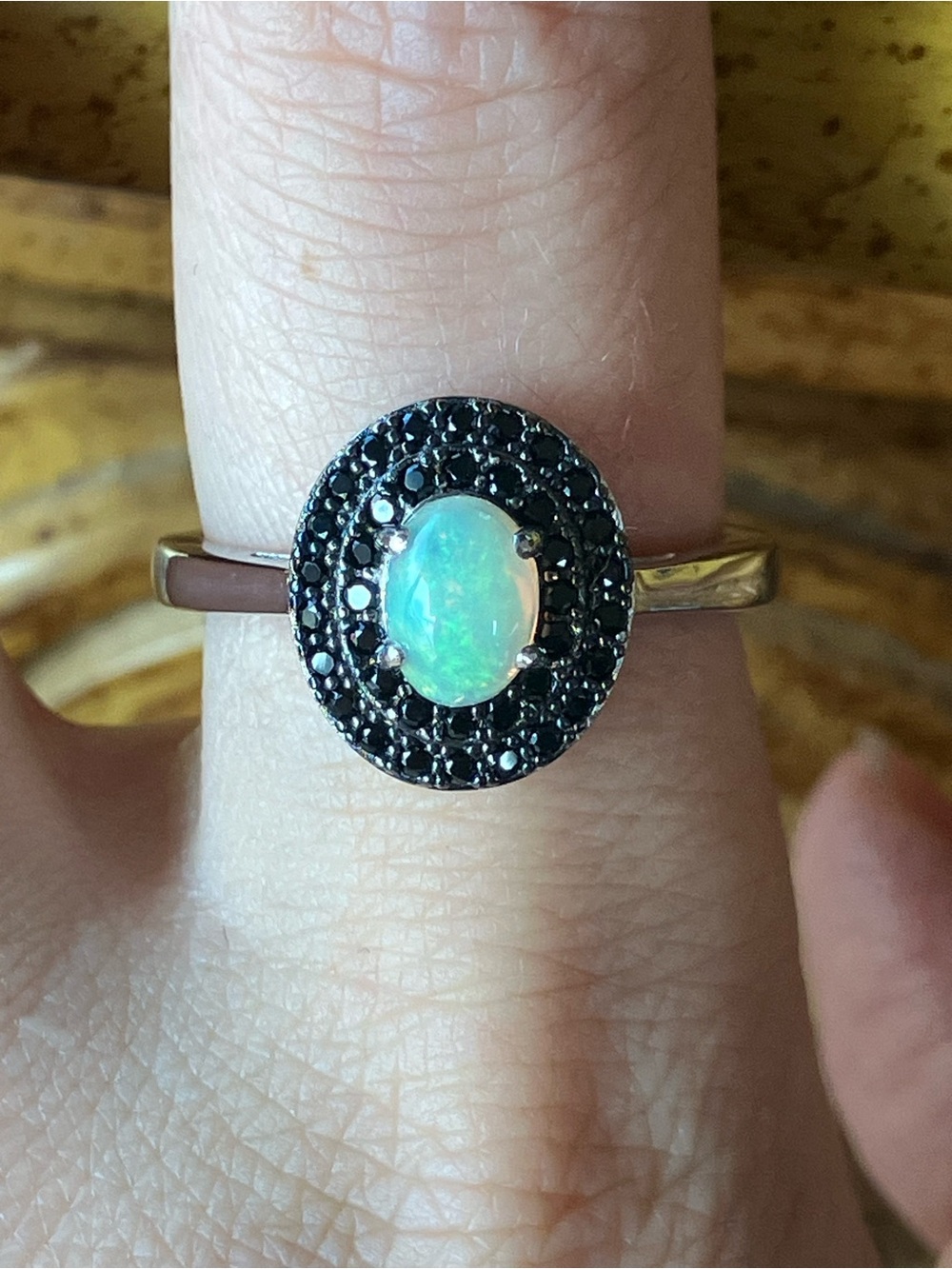 Natural Ethiopian Opal Black Spinel Sterling Silver Ring Size 8.75